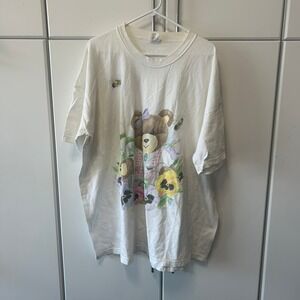 Vintage Katz Teddy Bear Pansy Bee Graphic Nightshirt White Cotton OS 1X 2X 3X